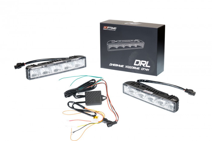 Дневные ходовые огни Optima Premium DRL-06, 5*2 LED, с функцией поворотника и стробоскопа, отражатель 90°, комплект