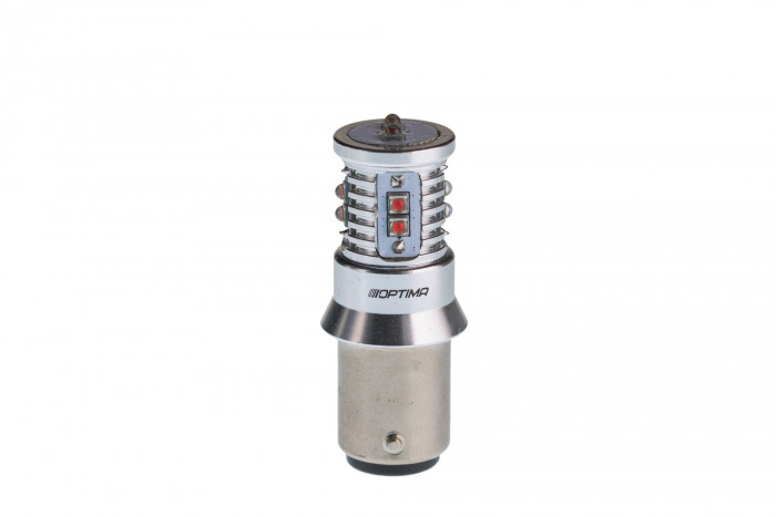 Светодиодная лампа P21/5W Optima MINI-CREE, RED, CAN, CREE XB-D*10, 1800K, 12-24V, (BAY15D), двухконтактная, 1 лам