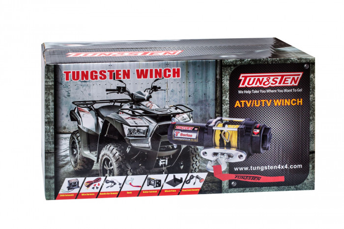 Лебедка для квадроцикла Tungsten T3500, тяговое усилие 3500 Lb/1589 кг, стальной барабан, синтетический трос 10м, 12 вольт.