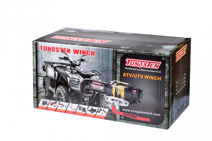 Лебедка для квадроцикла Tungsten T4000 тяговое усилие 4000Lb/1818 кг, стальной барабан, синтетический трос 10м, 12 вольт.